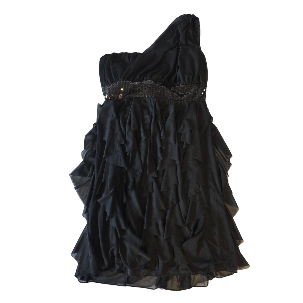 Deb One‎ Shoulder Mini Dress Sequin Waist Ruffle Tiered L Black Cocktail Party